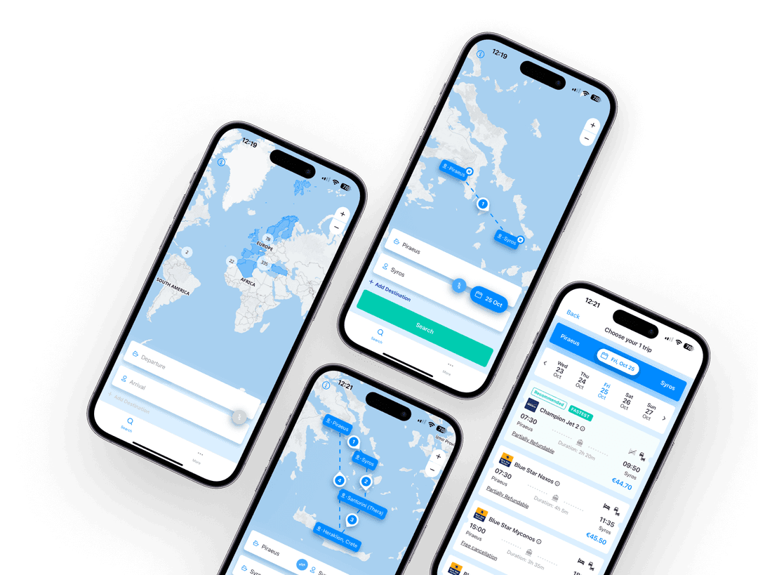 Four smartphones displaying the Ferryscanner mobile app interface. Screens show an interactive map, ferry search options, route selection, and booking details, highlighting features like trip search, route planning, and booking management.