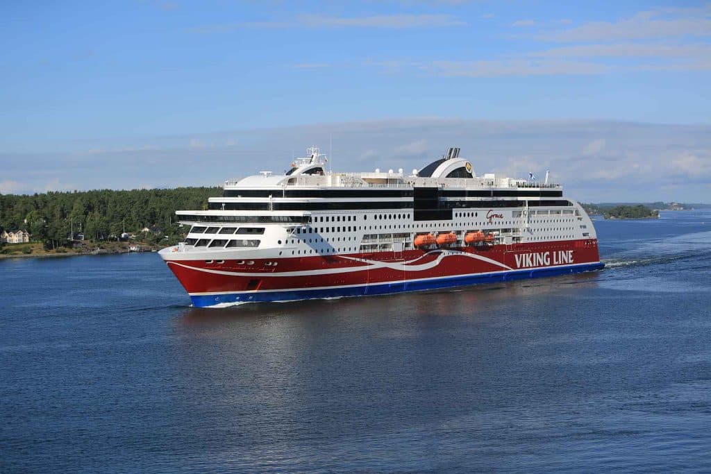 A Viking Line ferry sailing on a calm body of water